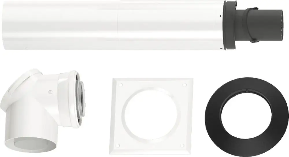 Abgaszubehör bestehend aus einem geraden Rohr, einem Bogen, einer Montageplatte und einem ringförmigen Anschluss. Produkte von Bosch für die Abgasführung.